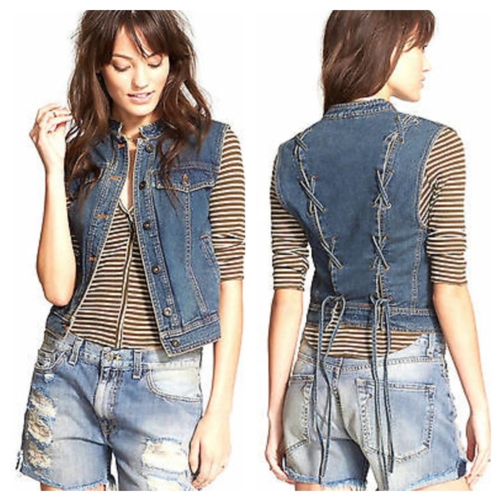 Free People Lace Up Denim Vest Sz XS
